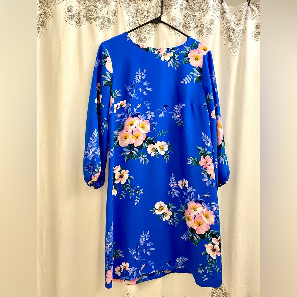 Ann Taylor Floral Blue Dress with Pink and White Flowers Size 10